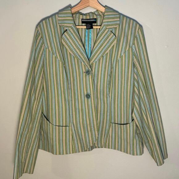 Vintage 90s Women's Size 12 Requirements Blue & Green Striped Eclectic Blazer - Picture 1 of 3